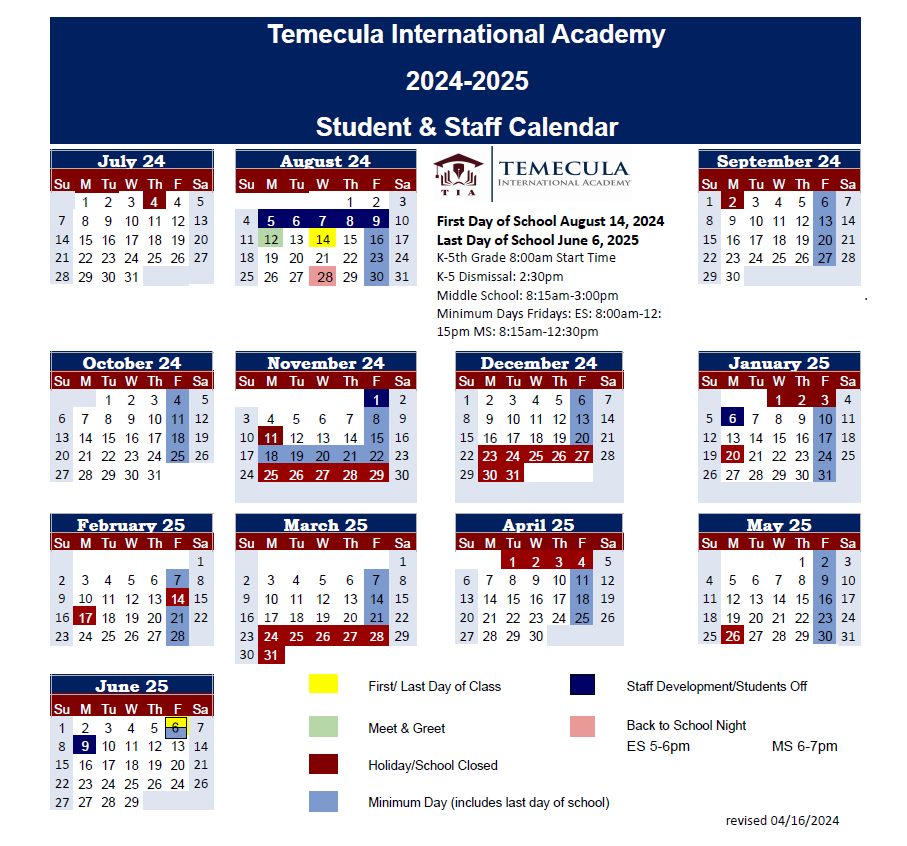 2024-2025 Master School Calendar